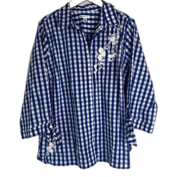croft & barrow Tops - Croft & Barrow Blue Gingham Embroidered Button Front Tie Sleeve Top Size XXL